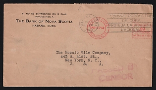 1942 (May 27) Mailer Permit cover from Cuba to USA with 'Habana, Cuba Permiso No. 30' 3c Meter handstamp in red, overstruck with 'Habana, Cuba' slogan duplex. US 'Passed By Censor' straightline handstamp in red, Second World War