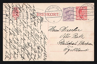 1922 (Feb. 17) Denmark: 10o + 15o King Christian postal card to Germany canceled by 'Aalborg' roller postmark. Handwritten message in German on both sides