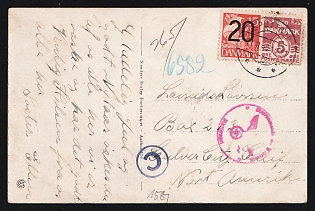 1940 (Nov. 11) Picture postcard from German-Occupied Denmark to USA (258 rate) franked with 5ö Numeral, 20ö on15ö Caravel tied by 'Spottrup' postmark. German Wehrmacht Censor's circular cachet in pink with 'blue 'C' in circle alongside, Second World War