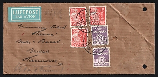 1940 (July 5) Airmail Sample commercial cover from Occupied Denmark to Hannover, Germany (65 cre rate) franked with two 10 öre Numerals & three 15 öre Ships tied by 'Kobenhavn' postmarks. German Wehrmacht Censor's tape on reverse tied by red circular cachet, Second World War