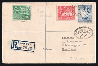 1955 (Nov. 6) Aden Registered cover via Egypt to Switzerland franked with 15c Crater, 25c Mosque, 35c Dhow all tied by 'Aden GPO Reg.' postmarks. 'Cairo' transit backstamps with Egyptian Censor's oval cachet on front. Swiss 'Bern 1' and 'Bern 22' arrival backstamps (Nov. 28)