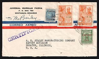Ecuador: 1952 (Dec. 15) Airmail/Express/Registered cover to USA franked with 30c on 20s Surcharged Fiscal, two 1s Anti-Slavery Airmails and 20c on 5c Green Express all tied by 'Guayaquil' postmarks. Ecuadorian green registration label on reverse tied by 'Decatur Ill.' arrival backstamp (Dec. 19)