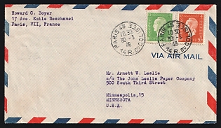 1946 (March 30) France Airmail cover to USA franked with 10fr, 20fr Mariannes tied by 'Paris 45' postmarks
