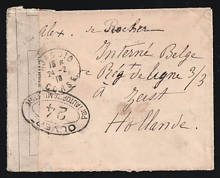 1916 (Feb. 24) Stampless cover from French Corsica sent to a Belgian internee in the Netherlands canceled by 'Ajaccio Corse' postmark. French Military Censor's tape at left tied on both sides by oval censor cachet, First World War