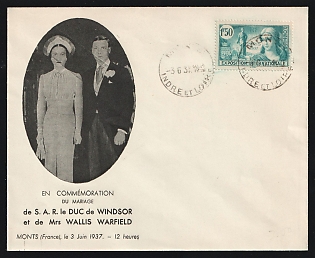 1937 (June 3) France: Former British King Edward VIII cacheted unaddressed marriage cover franked with 1.50fr Exposition tied by 'Monts / Indre et Loire' postmark