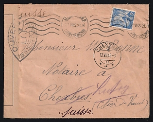 1945 (June 27) Cover from France to Switzerland franked with 4fr Iris tied by 'Montauban Tarne-et-Garonne' roller postmark. Swiss 'Chexbres' arrival postmark (Aug. 12). Forwarded six miles east to Lutry, Second World War
