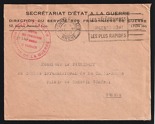 1941 (June 17) French Ministry of War (Prisoners of War Service) stampless cover with circular cachet in red. canceled by 'Lyon Terreaux / Rhone' duplex. Sent to to Red Cross, Geneva. A bit roughly opened along top, Second World War