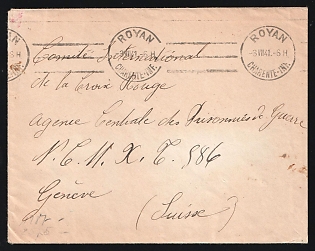 1941 (July 3) Stampless cover from Charente-Maritime in German-Occupied France to Red Cross, Geneva canceled by 'Royan' roller duplex. German Wehrmacht Censor's tape on reverse tied by red circular cachets, Second World War