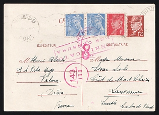 1943 (Aug. 24) 1.20fr Pétain postal card from Vichy France sent to Lausanne, Switzerland franked with two 10c Mercurys and 1fr Pétain tied by 'Valence-Gare / Drôme' postmarks. Sent via Italy with three different Italian Censors' cachets in red. Handwritten message in French on reverse, Second World War