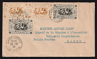 1946 (June 24) Réunion: Surface-Mail cover to Paris franked with two 2fr Produce singles and 5fr Produce pair tied by 'Saint-Denis' postmarks