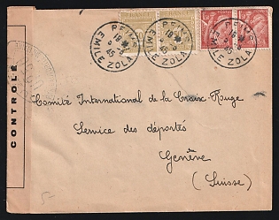 1945 (May 5) Postwar France: Cover to Red Cross, Geneva (4fr rate) franked with 50c Arc de Triomphe and 1.50fr Iris pairs tied by 'Reims / Emile Zola' postmarks. 'Controle' tape at left tied on both sides by French 'Ouvert' ovals