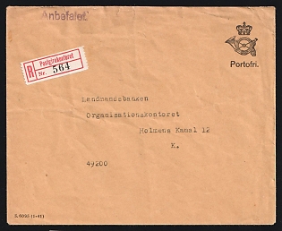 1942 (Oct. 8) German-Occupied Denmark Post Giro Office registered stampless cover to a bank in Copenhagen. Violet 'Kobenhavn' postmark on reverse. Considerable wear, Second World War