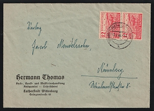 1946 (June 10) Soviet Postwar Occupation of Germany, Cover from Saxony-Anhalt Province to Nurnberg, Bavaria franked with 12pf Farmer Perf 13x13 1/2 pair tied by 'Lutherstadt Wittenberg' postmark. Cover with diagonal bend barely affecting one stamp