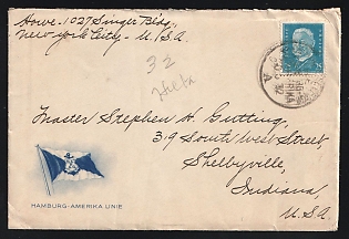 German Maritime: 1932 (June 30) Hamburg-Amerika Line cacheted envelope cover sent to Indiana from S/S General San Martin enroute from New York City to Brazil franked with Germany 25pf Hindenburg tied by 'Deutsche Seepost Hamburg-Amerika' postmark, With three-page handwritten letter in English on Hamburg-Amerika Line stationery