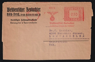 1933 (Dec. 12) Germany: Westdeutscher Beobachter (West German Observer) Double-Weight Newspaper Wrapper to USA (10pf rate) with 'Köln Deutz' Swastika Postage Meter Imprint in red