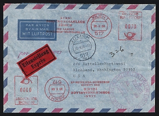 1966 (June 30) West Germany: Forschungszentrum Jülich (National Research Center) Airmail-Express cover to USA (1.70DM rate) with red 'Julich 1' meter imprint (70pf') at top-right with black 'Zulich' postmark along- side. Additional red 'Julich 1' meter imprint ('1 DM') at bottom-left. Faint 'Richland, Wash.' roller bkstp (July 8) with large private docketing cachet in violet on front