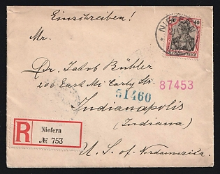 1907 (May 21) Germany: Registered cover from Baden, Germany to USA franked with 40pf Germania, Watermarked tied by 'Niefern' postmark. 'Deutsch-Amerikanische-Seepost/Bremen-New-York' oval. Two US backstamps: 'New York, NY' (May 29) and 'Indianapolis' (May 31)