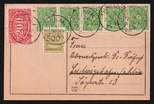 1923 (Nov. 11) Germany: Formular Postal Card used within Germany's Rhineland from Frankenthal to Ludwigshafen franked with 40m Numeral strip of five, 200m single and 500,000,000m single all tied by 'Frankenthal' postmatks. Handwritten message on reverse in German