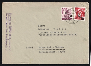 1947 (Dec 17) Saar: Cover to Wuppertal (20 miles east of Dusseldorf) franked with 1f on 10pf Miner and 5fr on 20pf Steel Workers tied by 'Neunkirchen (Saar)' postmark