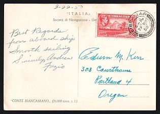 1950 (March 29) Gibraltar: Italian Ship 'Conte Biancamano' picture postcard to USA franked with Gibraltar 2d KGVI tied by 'Gibraltar' postmark