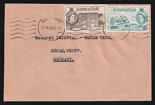 1954 (Jan. 8) Gibraltar: Surface-Mail commercial cover to West Germany franked with 2d, 3d QEII tied by 'Gibraltar 25' duplex rollers