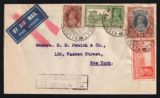 1940 (May 11) Air/Surface Mail commercial cover from India to USA franked with franked with various issues tied by 'Amherst Street Calcutta' postmarks (total franking 1r 5 1/2a). 'Not Opened By Censor' A14' boxed cachet, Second World War