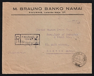 1932 (April 18) Lithuania: Double-Weight Registered commercial cover to USA (1.56 litas rate) franked with 36c Red Brown single and 60c Red pair tied on reverse by 'Kaunas 2' postmarks with boxe. Registration cachet on front. 'New York' and 'Boston' backstamps (April 29). Minor creasing along bottom