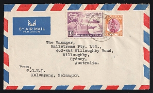Malaya: 1949 (Dec. 2) Airmail commercial cover from Selangor to Australia franked with Perak 10c UPU and Selangor 25c Sultan tied by 'Kalumpang' postmarks