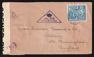 1940 (Nov. 13) Double-Weight commercial cover from Malta to England (2 1/2d rate) franked with 2 1⁄2d KGVI tied by 'Valletta' postmark. Maltese 'No. 58 / Passed By Censor' triangular cachet in purple, and Maltese Censor's tape at left tied on both sides by violet '5' in circle handstamps. Light central vertical fold, Second World War