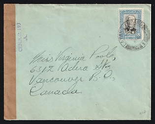 Malayan States: 1941 (April 5) Cover to Canada franked with Johore 8¢ Sultan Ibrahim tied by 'Layang.Layang' postmark. Singapore Censor's tape at left tied on both sides by violet 'Passed By Censor 193 A' straightline cachet