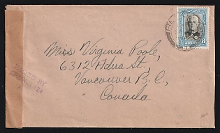Malayan States: 1941 Cover to Canada franked with Johore 8c Sultan Ibrahim tied by 'Rengam' postmark. Singapore Censor's tape at left tied on both sides by violet 'Passed By Censor 174 A' straightline cachet