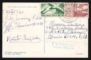 1964 (March 21) Mexico, Ciudad Juarez bullring multicolored picture postcard sent Airmail-Express to Indiana, USA franked with 80c Stadium and 50c Express-Mail tied by 'Ciudad Juarez' postmark with 'Express / Entrega Inmediata' straightline handstamp in blue. Indistinct 'Chicago' arrival backstamp in red-violet