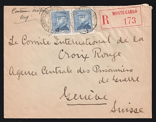 1942 (Dec.) Registered cover from Monaco to Red Cross, Geneva franked with 4fr Prince Louis pair tied by 'Monte Carlo / Principauté de Monaco' postmarks. 'Geneve 1' arrival backstamp (Dec. 11), Second World War