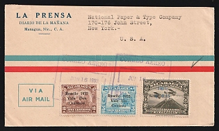 1933 (June 16) Nicaragua Airmail commercial cover to USA franked with 15c on 25c Airmail, 1c on 3 and 2c on 10c Buildings and all tied by violet 'Managua' boxed datestamps