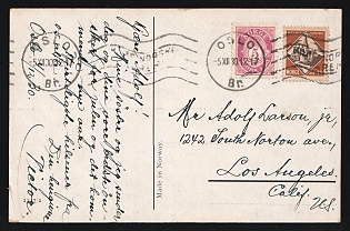 1930 (Dec. 5) Norway Picture postcard to USA (20 öre rate) franked with 5 öre Numeral and 15 öre Tronsheim Cathedral tied by 'Oslo' duplex with additional strike это alongside