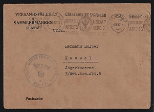 1942 (Nov. 4) General Government Philatelic Bureau stampless cover from German - Occupied Poland to Kassel, Germany with 'Krakau' slogan roller duplex with the bureau's violet cachet at lower left, Second World War