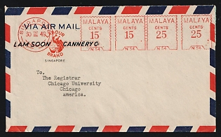1949 (March 30) Singapore, Airmail cover to USA with two 15c and two 25c Postage Meter imprints in red