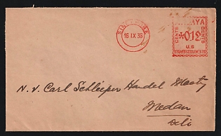 1936 (Sept. 16) Singapore Meter Mail: 'Nederlandsche Handel-Maatschappij NV' inter-office cover from Singapore to Medan, Sumatra with Malayan Postal Union 'Singapore / Malaya 12c Straits Settlements U.6' Postage Meter Imprint in red. 'Medan' arrival bkstp (Sept. 18). Purple triple-oval company handstamp on reverse