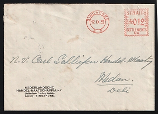 1935 (Sept. 12) Singapore Meter Mail: 'Nederlandsche Handel-Maatschappij NV' inter-office cover from Singapore to Medan, Sumatra with Straits Settlements 'Singapore S.S./ Straits Settlements 12c U6' Postage Meter Imprint in red. Partial 'Medan' arrival bkstp (Sept. 14). Embossed black & red company seal on reverse. Tear in backflap not affecting any postal markings