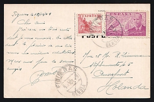 Spain: 1949 (Oct. 19) Mexican Bullfighting multicolored picture postcard from Spain to the Netherlands franked with 10c El Cid and 35c Juan de la Cierva tied by 'Figueras' postmark with additional strike alongside. Handwritten message in French