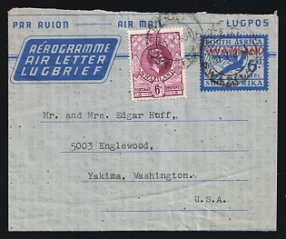 Swaziland: 1954 (May 20) Overprinted 6d Aerogramme used to USA uprated with 6d KGVI tied by 'Stegi' postmark. Sent by American missionary Velma Mischke, with lengthy typewritten message in English