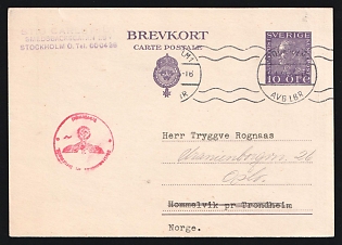 1941 (Jan. 15) Sweden Second World War: 108 Gustav postal card to German-occupied Norway canceled by 'Stockholm 1' postmark. German Wehrmacht red cachet on front. Typewrtten message on reverse