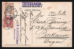 1909 (Sept. 1) Sweden: Printed-Matter picture postcard to USA franked with 1 ore and 5 ore Numerals tied by 'Stockholm 1' postmarks, Minor tone spots