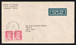 1951 (April 18) Turkey: Airmail cover from US Consulate, Istanbul to USA franked with 30k Ataturk pair tied by 'Edirne' postmark