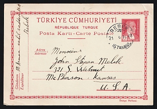 1940 (June 21) Turkey: 7 1/2k Ataturk postal card to USA canceled by 'Bebek Istanbul' postmark