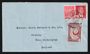 1936 (March 9) Turkey: Commercial cover to England franked with Turkey 5k, 7½k Ataturks and 1k Postal Tax all tied by 'Istanbul' postmark