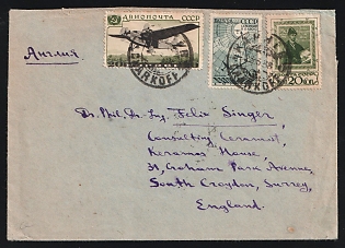 1938 (May 23) Russia USSR Ukraine: Airmail cover to England franked with Soviet Union 20k Transport Airmail, 20k Rustaveli, and 20k North Pole Flight tied by 'Kharkoff' postmarks