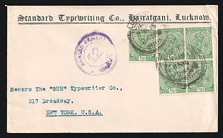 1915 (Nov. 11) India Commercial cover to USA franked with 1/2a KGV block of four & single tied by 'Lucknow' postmarks. 'Bombay' censor's cachet in purple, First World War