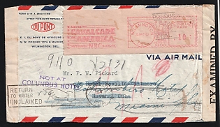 1942 (Jan. 7) Airmail cover from Dupont Corporation's Delaware headquarters with 'Wilmington Del.' 10¢ Postage Meter label. Sent to its Vice President Frederick William Pickard in Havana, Cuba. US Censor's label at left. 'Habana, Cuba' slogan duplex bkstp (Jan. 11). Cuba Censor's large circular cachet in purple on reverse (dated April 29). Forwarded to Miami with US Censor's tape at right tied on reverse by 'Miami, Fla.' duplex bkstp (May 3), Second World War
