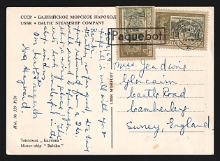 1969 (July 1) Russia USSR Paquebot Mail: Baltic Steamship Company 'Baltika' multicolored picture postcard to England franked with two USSR 4k Lenin House singles tied by Danish 'Paquebot Kobenhavn' duplex (Dovey/Morris #552), One stamp overlapping the card's top edge, and minor tone spot at bottom